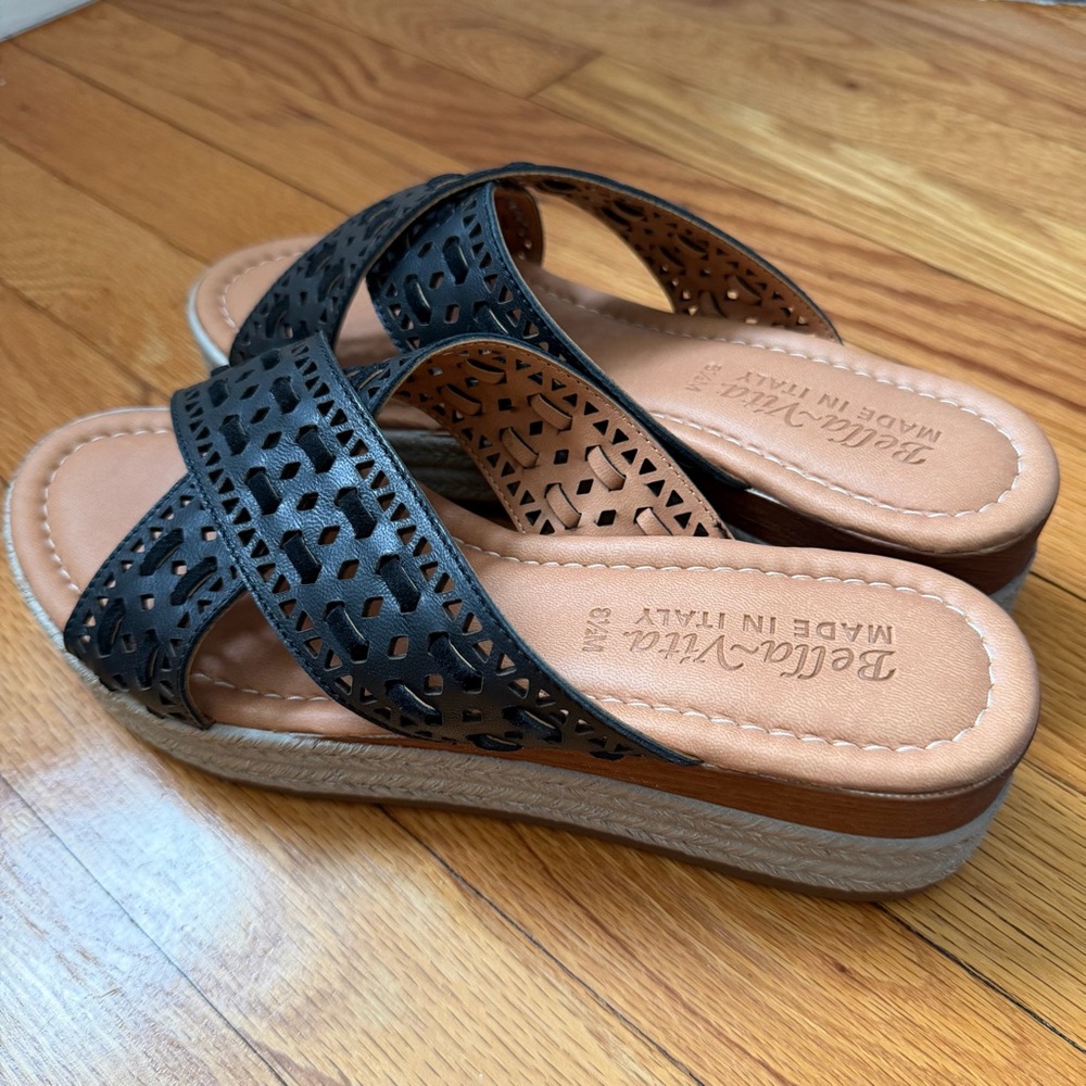 Bella Vita Exa-Italy Platform Wedge Black Leather Crisscross Sandal 8.5